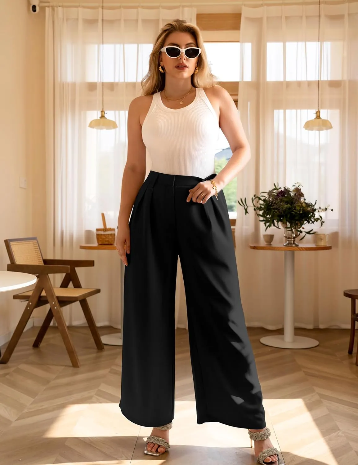 GOKATOSAU Women's Loose Fit High Elastic Waisted Wide Leg Straight Long Trousers Suit Pants