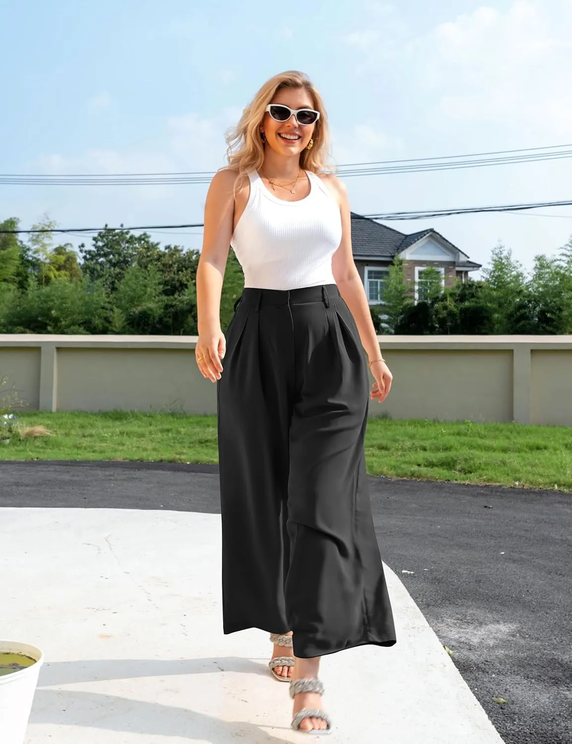 GOKATOSAU Women's Loose Fit High Elastic Waisted Wide Leg Straight Long Trousers Suit Pants