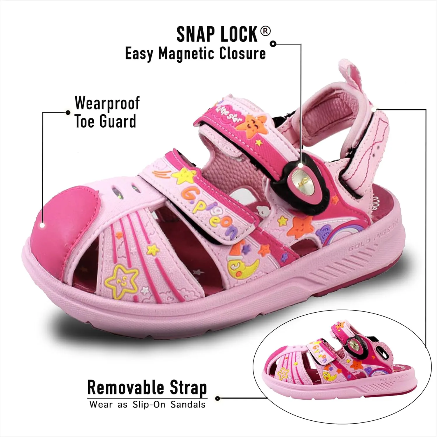 Gold Pigeon Shoes Kids TOE GUARD Easy Snap Lock Closed Toe Athlete Sandals