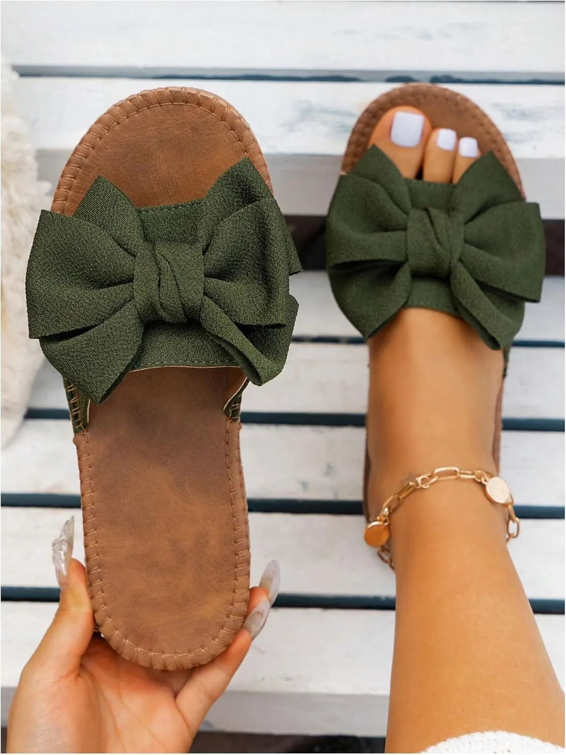 GORGLITTER Women's Bow Knot Flat Sandals Open Toe Slip On Slide Slipper Single Band Flats