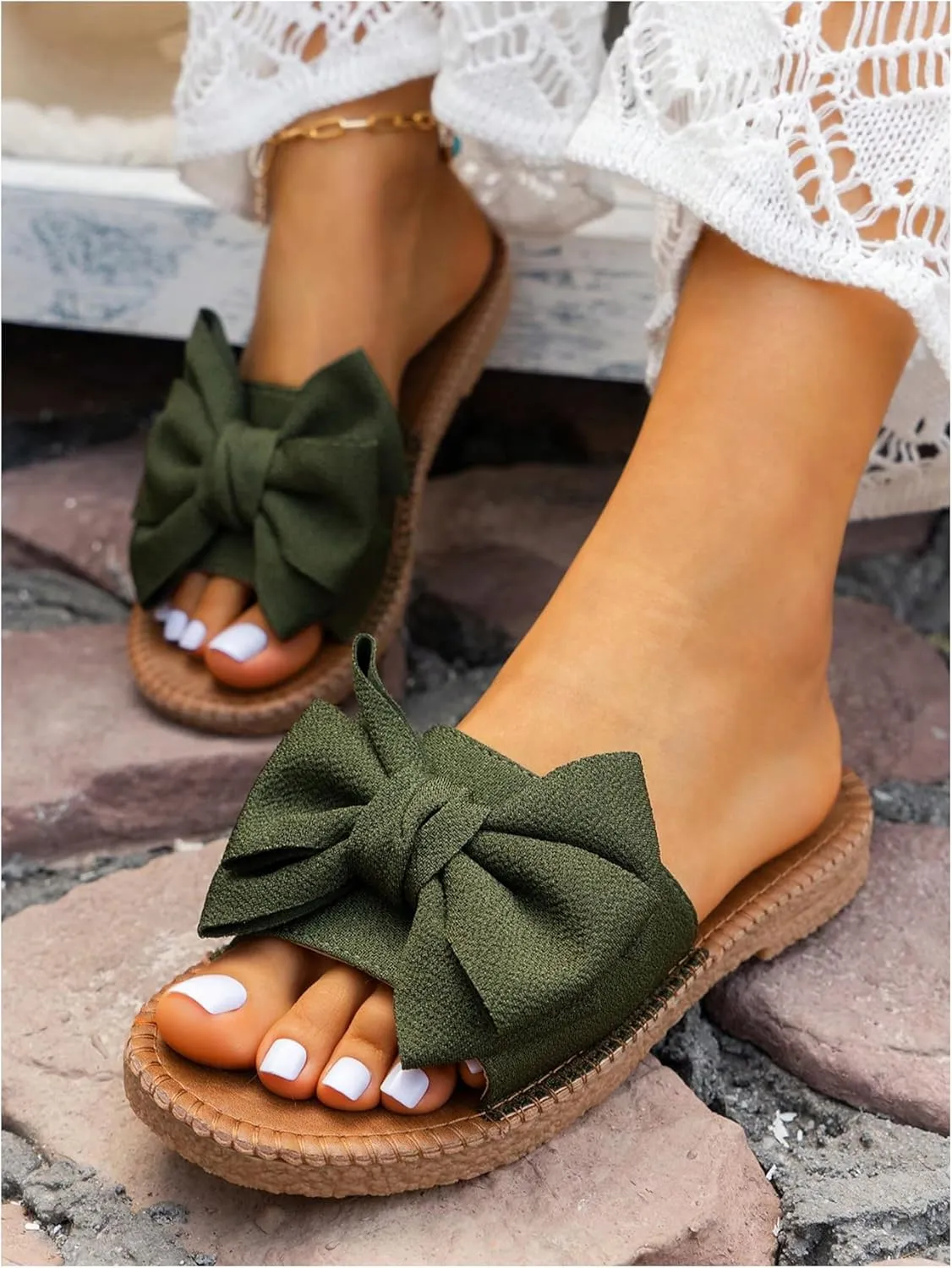 GORGLITTER Women's Bow Knot Flat Sandals Open Toe Slip On Slide Slipper Single Band Flats