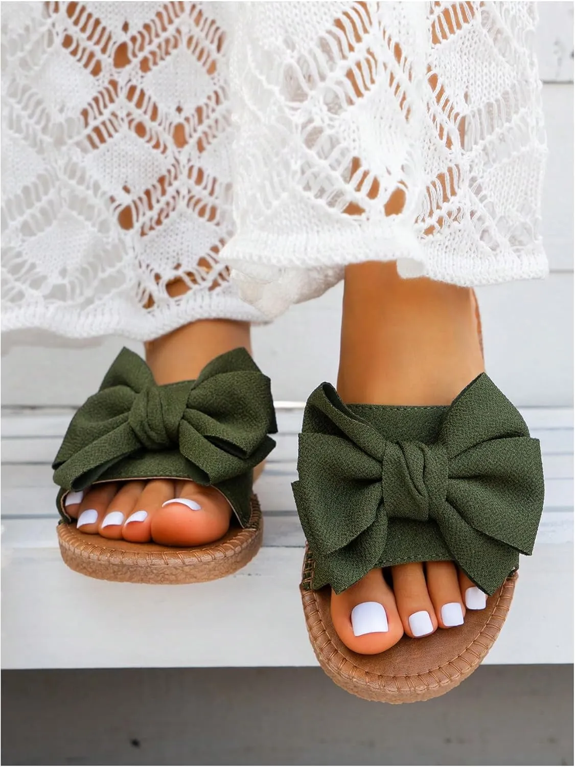 GORGLITTER Women's Bow Knot Flat Sandals Open Toe Slip On Slide Slipper Single Band Flats