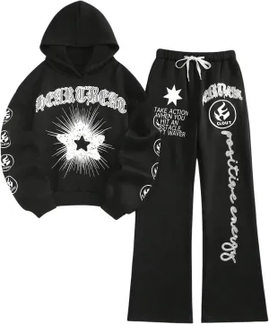 GORGLITTER Women's Letter Star Graphic Sweatsuit 2 Piece Long Sleeve Hoodie Drawstring Waist Sweatpants Set