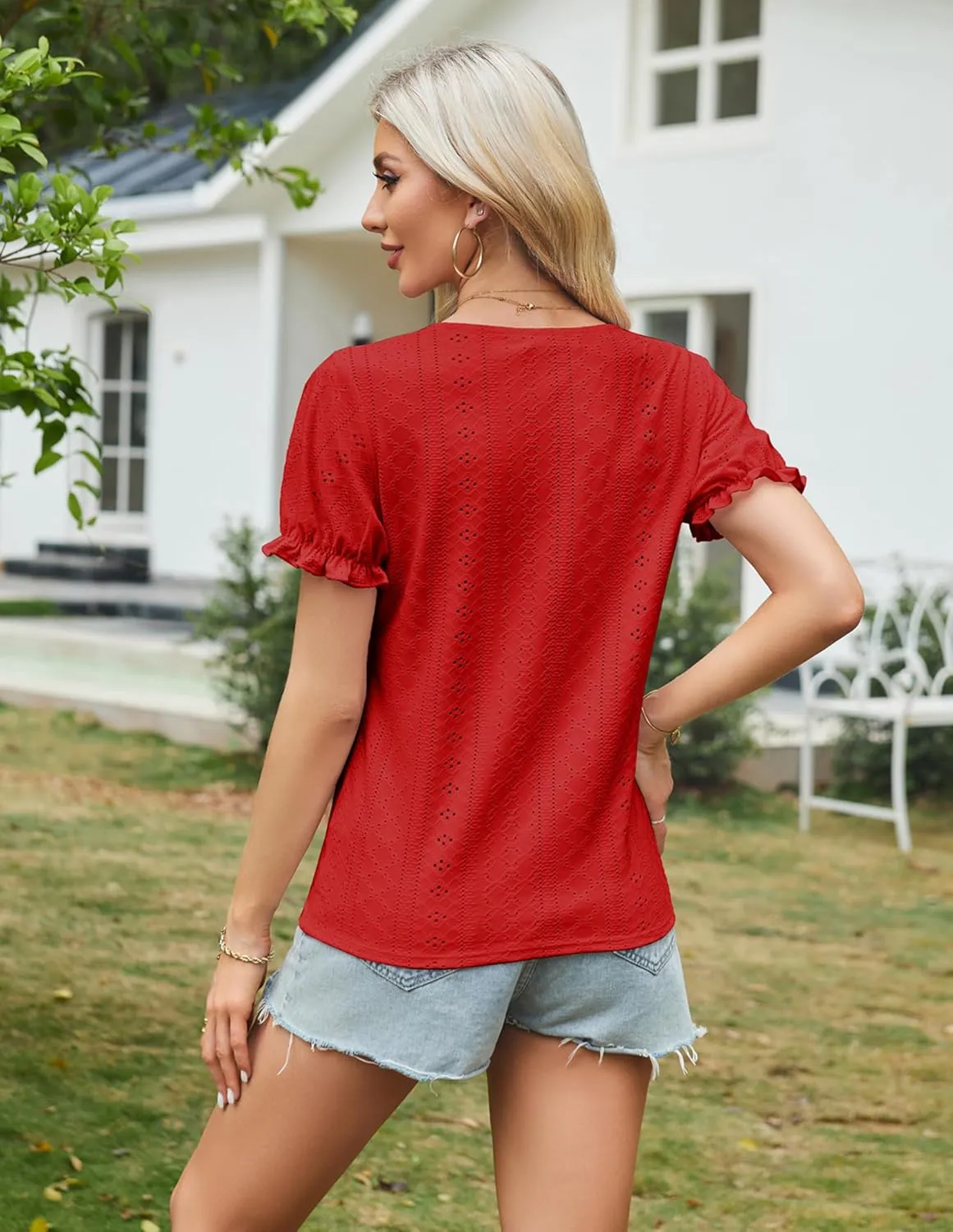 GRACE KARIN Women's 2025 Summer Tops Short Sleeve V Neck Basic T Shirts Dressy Casual Tie Front Tops Eyelet Blouses Tunic