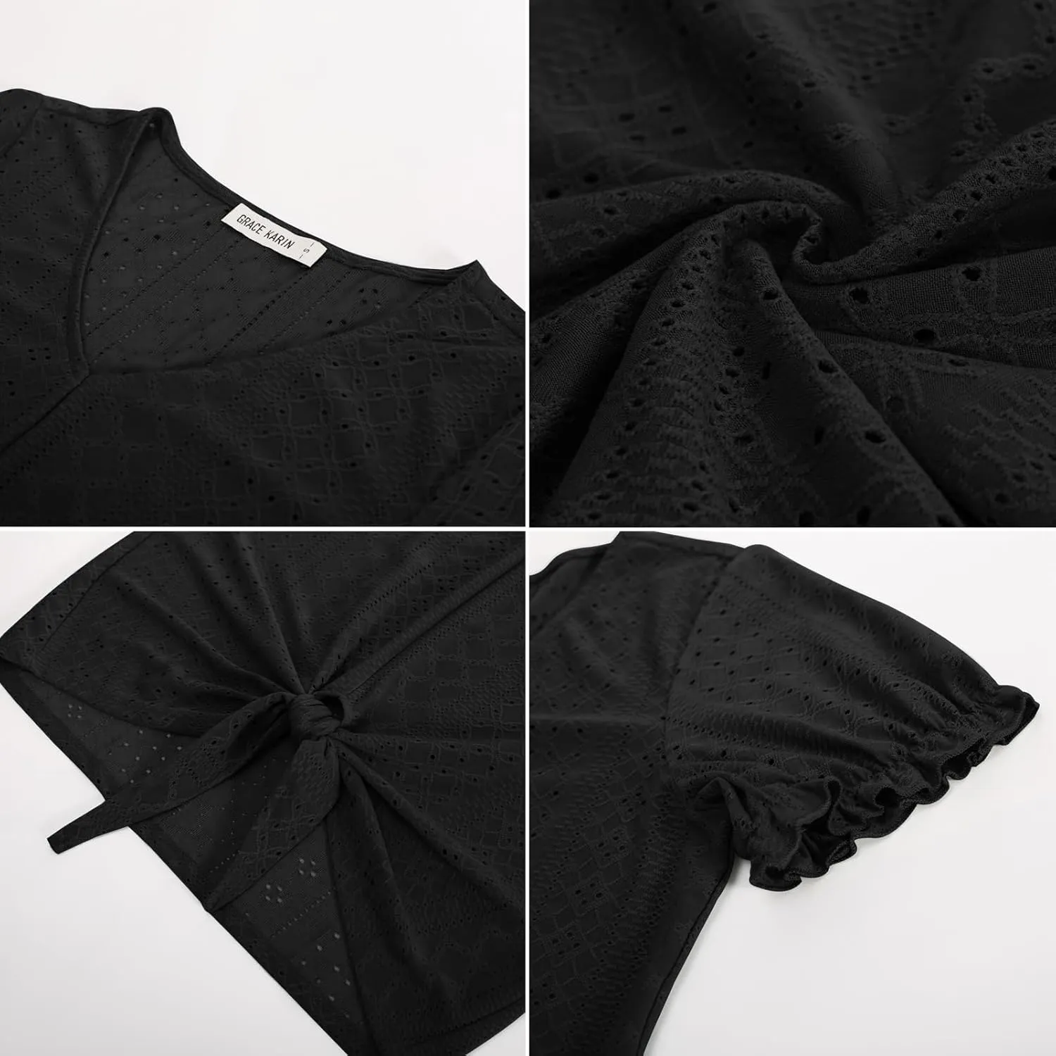 GRACE KARIN Women's 2025 Summer Tops Short Sleeve V Neck Basic T Shirts Dressy Casual Tie Front Tops Eyelet Blouses Tunic
