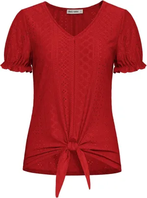 GRACE KARIN Women's 2025 Summer Tops Short Sleeve V Neck Basic T Shirts Dressy Casual Tie Front Tops Eyelet Blouses Tunic
