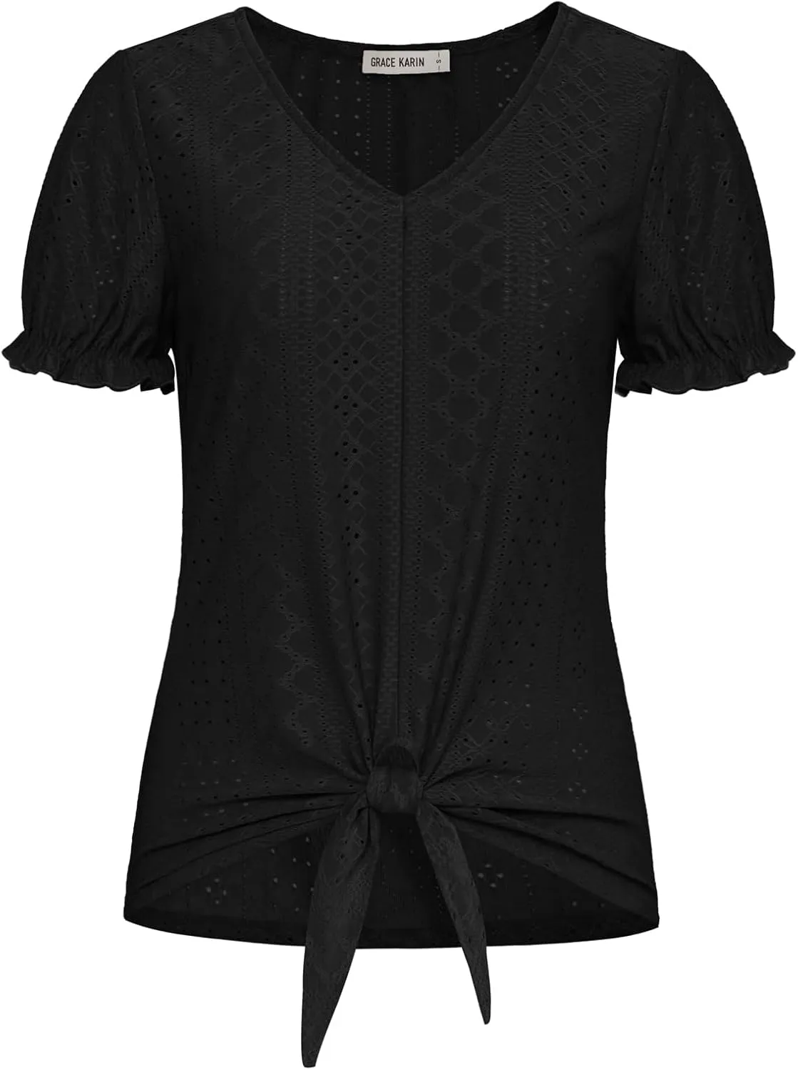 GRACE KARIN Women's 2025 Summer Tops Short Sleeve V Neck Basic T Shirts Dressy Casual Tie Front Tops Eyelet Blouses Tunic