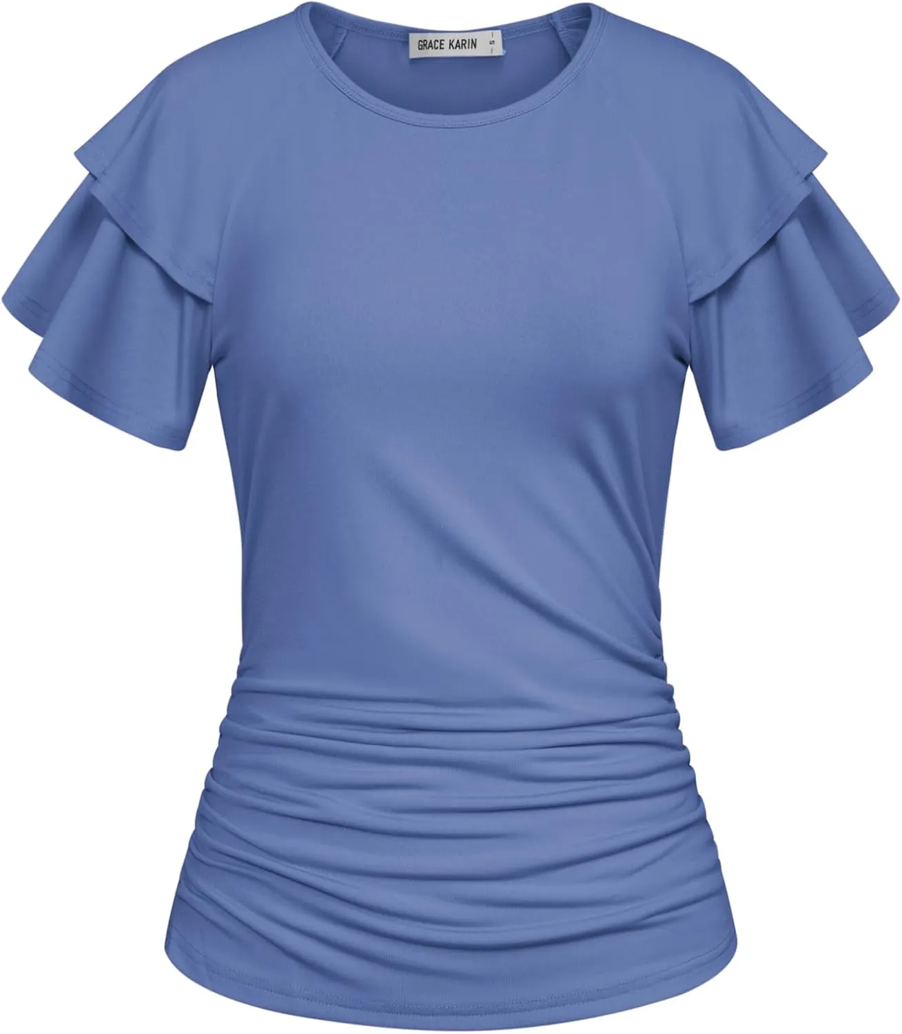 GRACE KARIN Women's Summer Tops Ruffle Sleeve Basic T Shirts Dressy Casual Ruched Work Blouses Trendy Clothes 2025