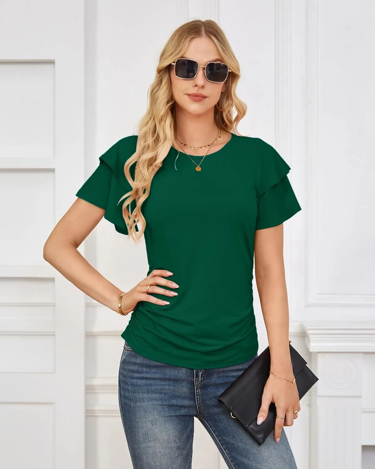 GRACE KARIN Women's Summer Tops Ruffle Sleeve Basic T Shirts Dressy Casual Ruched Work Blouses Trendy Clothes 2025