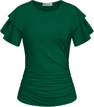 GRACE KARIN Women's Summer Tops Ruffle Sleeve Basic T Shirts Dressy Casual Ruched Work Blouses Trendy Clothes 2025
