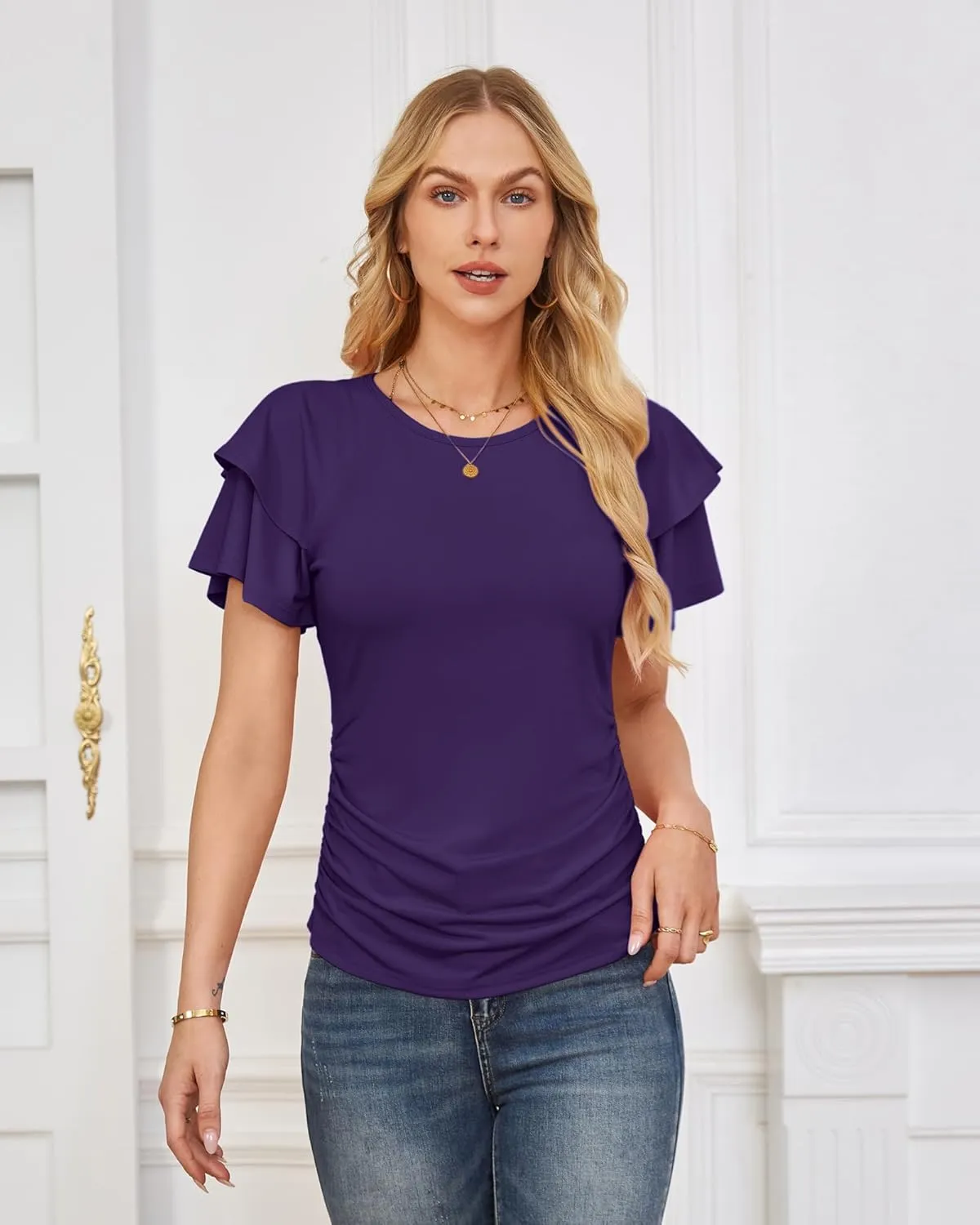 GRACE KARIN Women's Summer Tops Ruffle Sleeve Basic T Shirts Dressy Casual Ruched Work Blouses Trendy Clothes 2025
