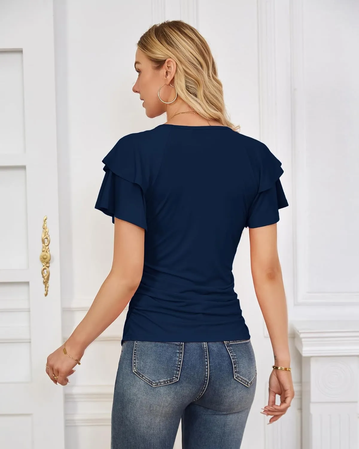 GRACE KARIN Women's Summer Tops Ruffle Sleeve Basic T Shirts Dressy Casual Ruched Work Blouses Trendy Clothes 2025