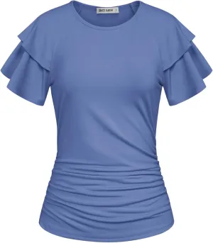 GRACE KARIN Women's Summer Tops Ruffle Sleeve Basic T Shirts Dressy Casual Ruched Work Blouses Trendy Clothes 2025