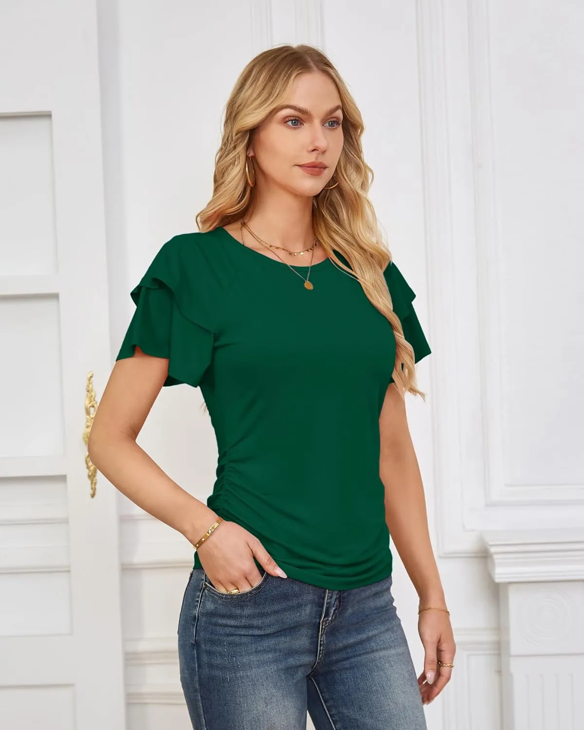 GRACE KARIN Women's Summer Tops Ruffle Sleeve Basic T Shirts Dressy Casual Ruched Work Blouses Trendy Clothes 2025