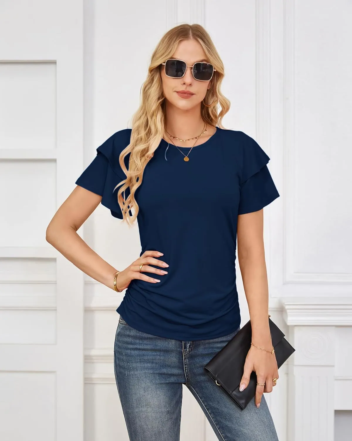 GRACE KARIN Women's Summer Tops Ruffle Sleeve Basic T Shirts Dressy Casual Ruched Work Blouses Trendy Clothes 2025