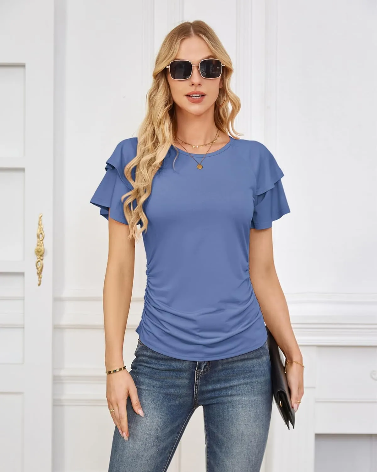 GRACE KARIN Women's Summer Tops Ruffle Sleeve Basic T Shirts Dressy Casual Ruched Work Blouses Trendy Clothes 2025
