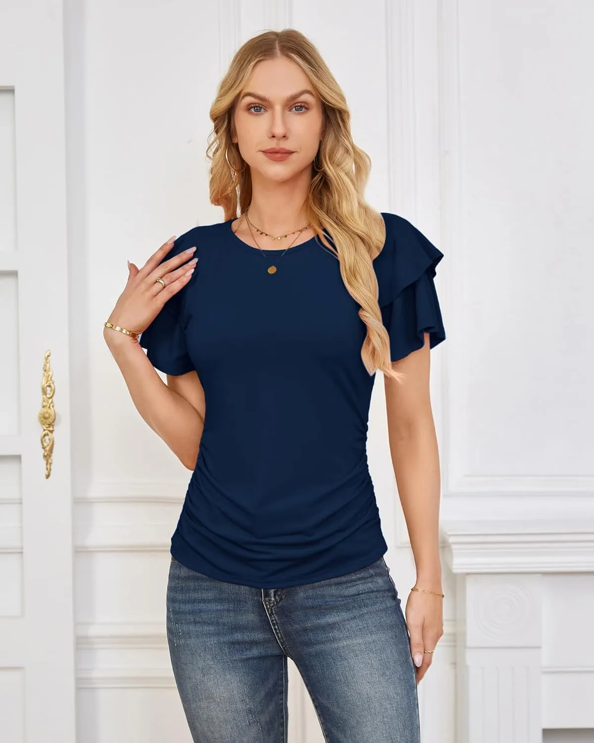 GRACE KARIN Women's Summer Tops Ruffle Sleeve Basic T Shirts Dressy Casual Ruched Work Blouses Trendy Clothes 2025