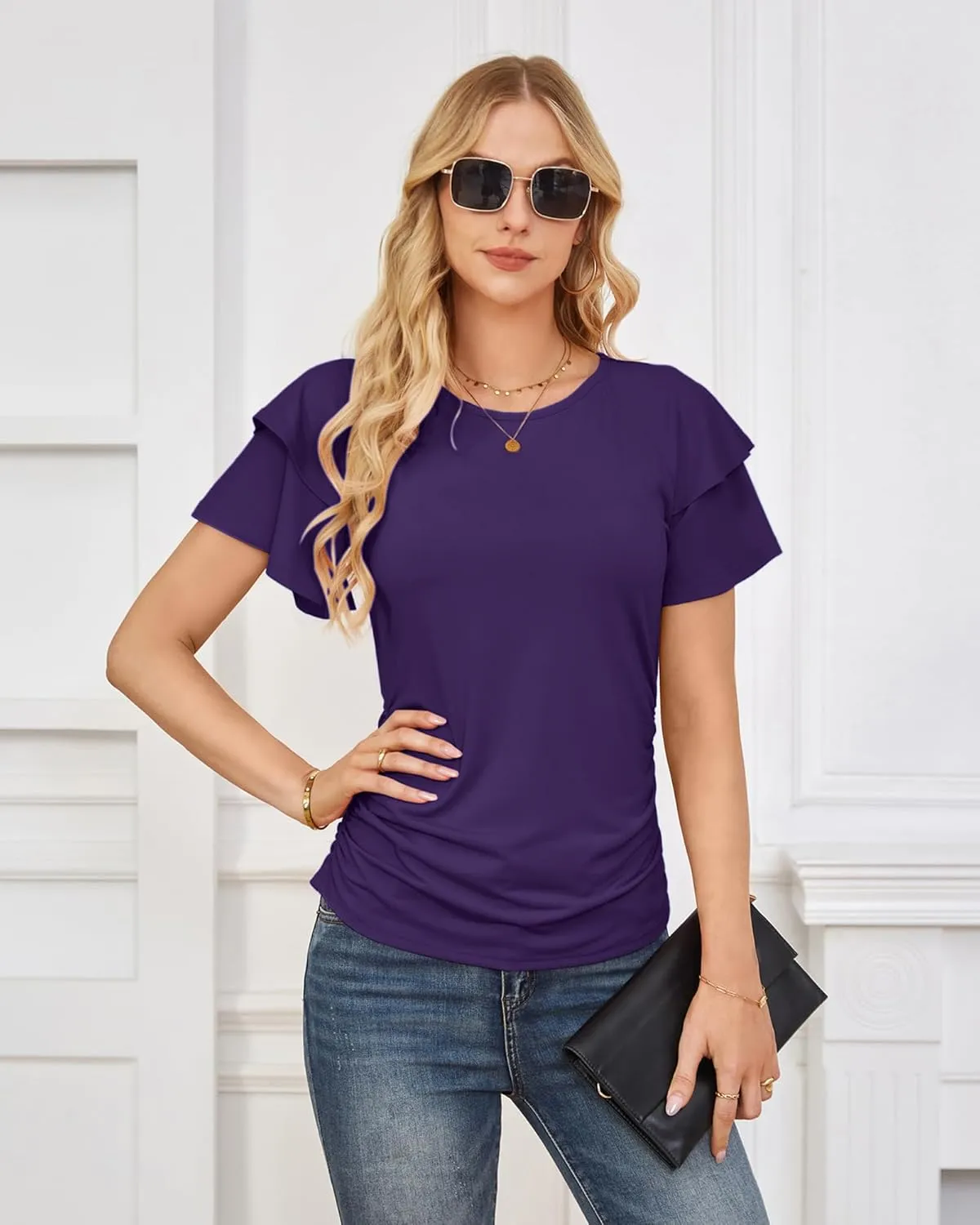 GRACE KARIN Women's Summer Tops Ruffle Sleeve Basic T Shirts Dressy Casual Ruched Work Blouses Trendy Clothes 2025
