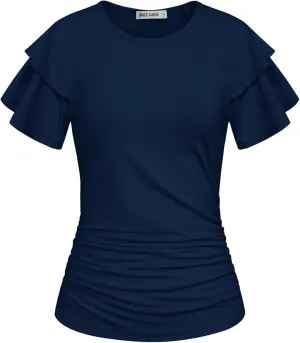 GRACE KARIN Women's Summer Tops Ruffle Sleeve Basic T Shirts Dressy Casual Ruched Work Blouses Trendy Clothes 2025