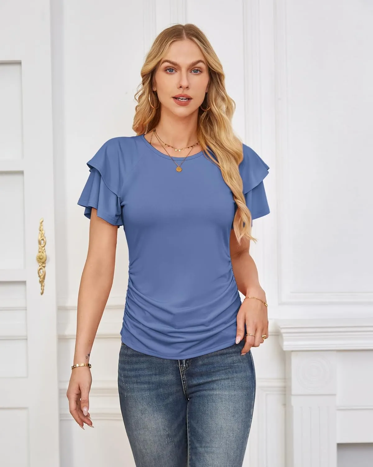 GRACE KARIN Women's Summer Tops Ruffle Sleeve Basic T Shirts Dressy Casual Ruched Work Blouses Trendy Clothes 2025