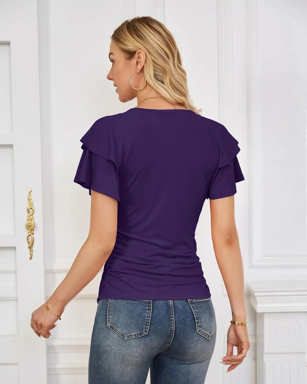GRACE KARIN Women's Summer Tops Ruffle Sleeve Basic T Shirts Dressy Casual Ruched Work Blouses Trendy Clothes 2025