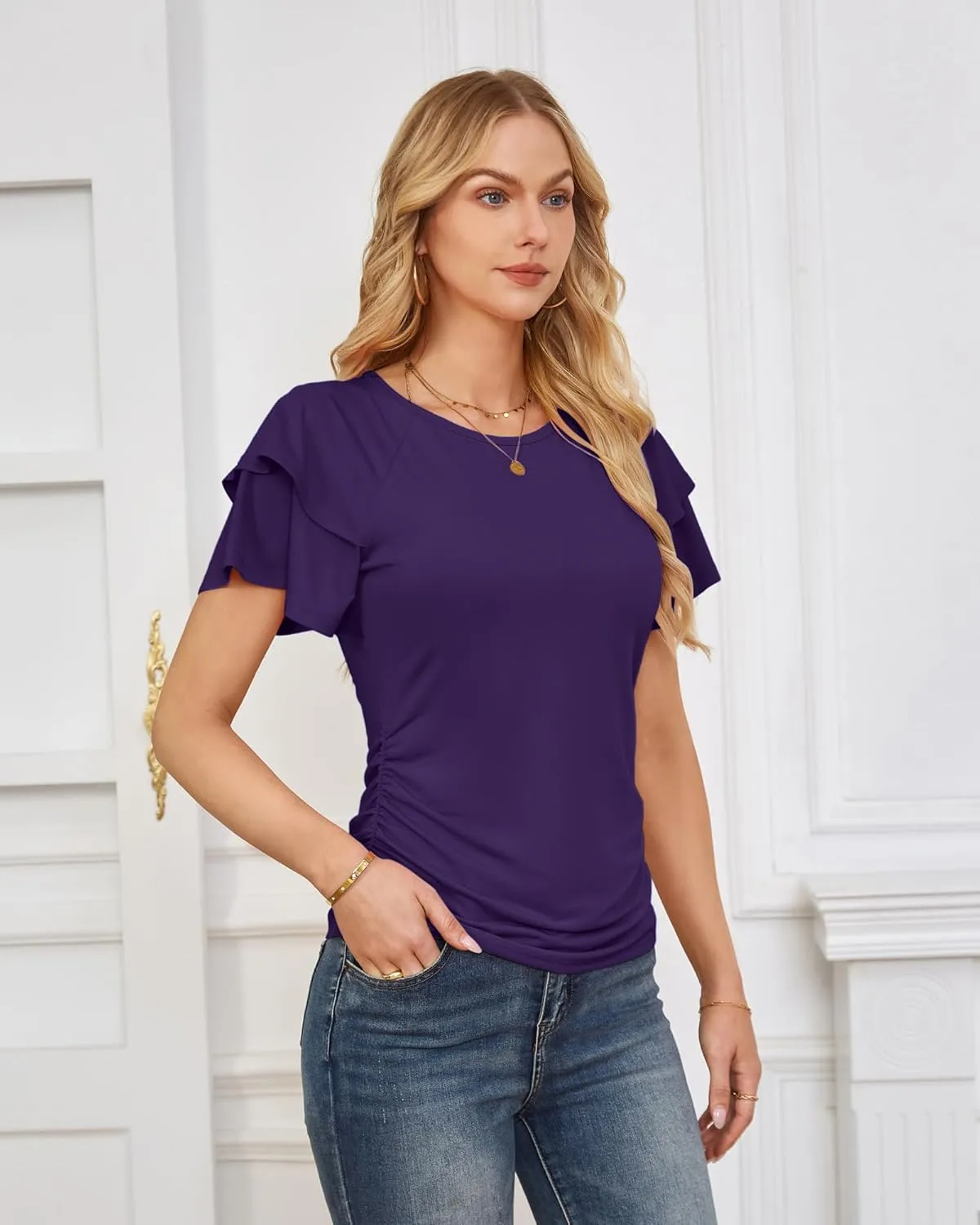 GRACE KARIN Women's Summer Tops Ruffle Sleeve Basic T Shirts Dressy Casual Ruched Work Blouses Trendy Clothes 2025
