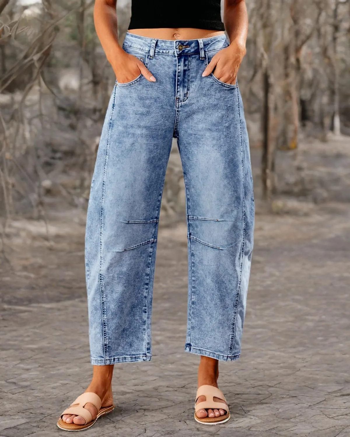 GRAPENT Barrel Jeans for Women Trendy High Waisted Wide Leg Baggy Cropped Relax Fit Stretch Denim Trouser Ankle Pants