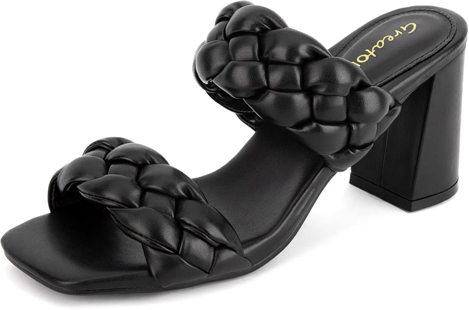 Greatonu Women's Braided Heeled Sandals Square Open Toe Summer Heels Slip On Dressy Sandals with Chunky Heel 3.35 Inch