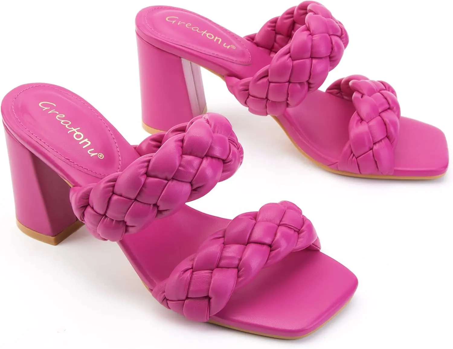 Greatonu Women's Braided Heeled Sandals Square Open Toe Summer Heels Slip On Dressy Sandals with Chunky Heel 3.35 Inch