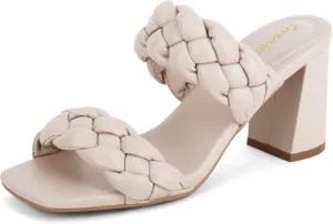 Greatonu Women's Braided Heeled Sandals Square Open Toe Summer Heels Slip On Dressy Sandals with Chunky Heel 3.35 Inch