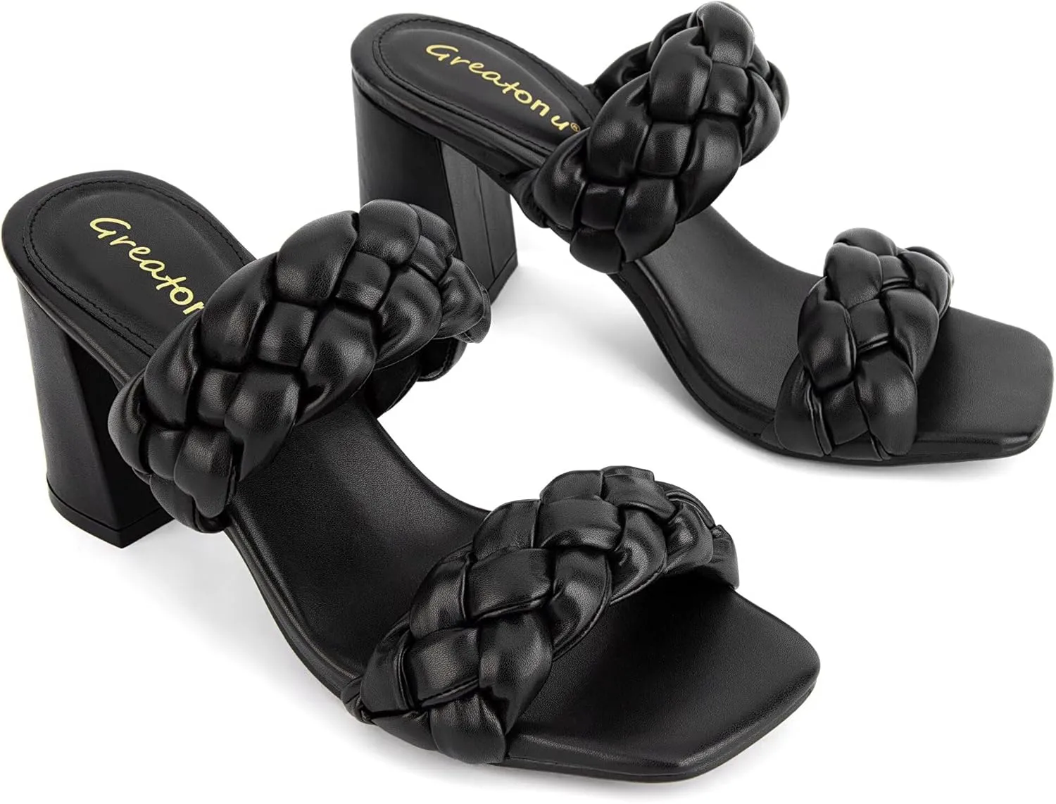 Greatonu Women's Braided Heeled Sandals Square Open Toe Summer Heels Slip On Dressy Sandals with Chunky Heel 3.35 Inch
