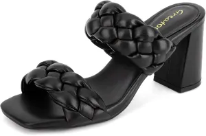 Greatonu Women's Braided Heeled Sandals Square Open Toe Summer Heels Slip On Dressy Sandals with Chunky Heel 3.35 Inch