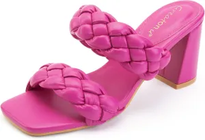 Greatonu Women's Braided Heeled Sandals Square Open Toe Summer Heels Slip On Dressy Sandals with Chunky Heel 3.35 Inch
