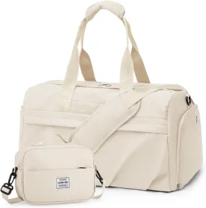Gym Bag for Women Men, Sport Duffel Bag with Toiletry Bag & Shoe Compartment,Waterproof Travel Weekender Overnight Carry on Bag for Yoga with Trolley Sleeve, Beige Set
