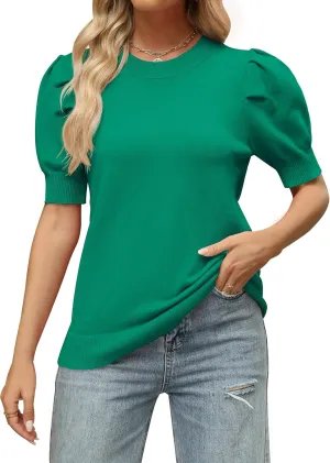 HAEOF Women's 2025 Summer Short Puff Sleeve Knit Tops Trendy Crewneck Striped Shirts Dressy Casual Blouses
