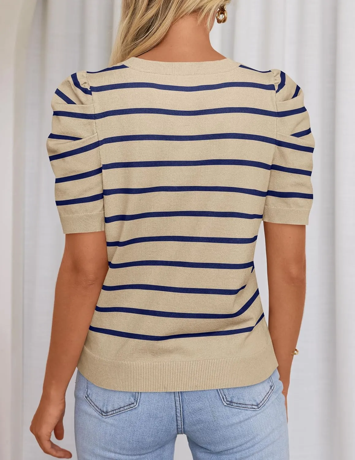 HAEOF Women's 2025 Summer Short Puff Sleeve Knit Tops Trendy Crewneck Striped Shirts Dressy Casual Blouses