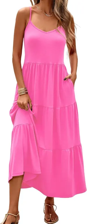 Halife Womens Flowy Tiered Maxi Dress Sleeveless Summer Sundresses Adjustable Straps Long Beach Sun Dresses with Pockets