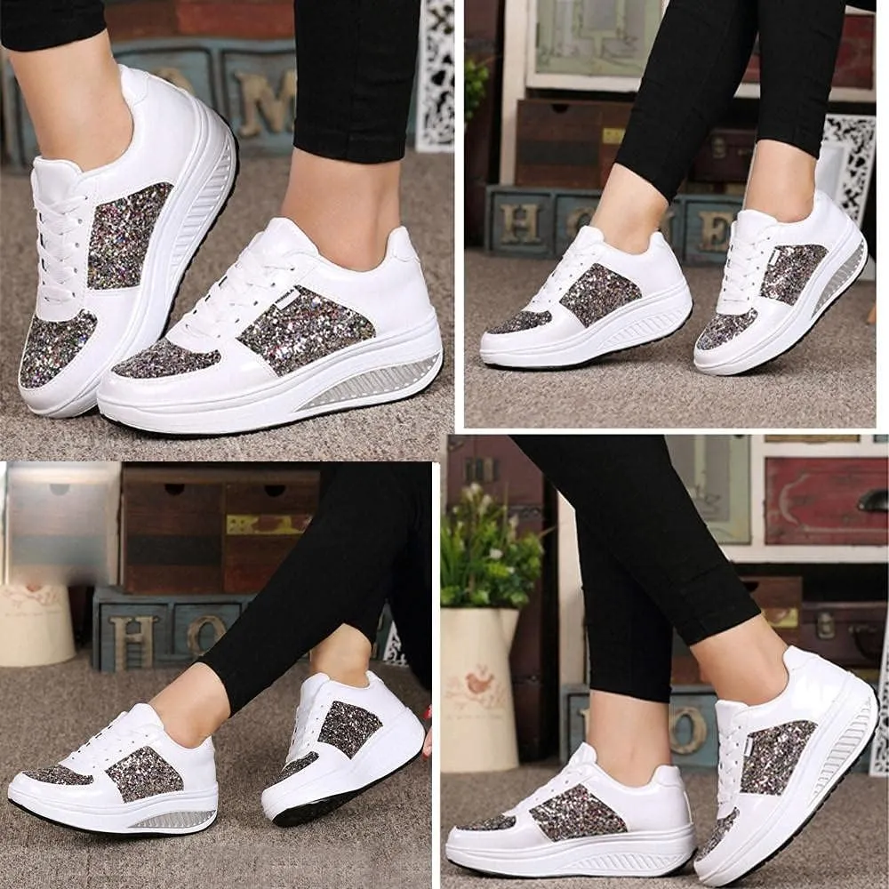 Hbeylia Platform Fashion Sneakers For Women Glitter Squin Leather Fashion Casual Chunky Bottom High Heels Low Top Canvas Shoes Casual Anti Skid Lace Up Leather Slip On Walking Loafers Work Shoes