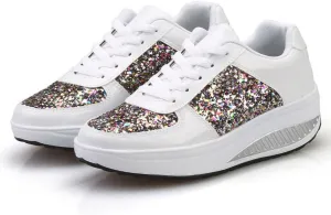 Hbeylia Platform Fashion Sneakers For Women Glitter Squin Leather Fashion Casual Chunky Bottom High Heels Low Top Canvas Shoes Casual Anti Skid Lace Up Leather Slip On Walking Loafers Work Shoes