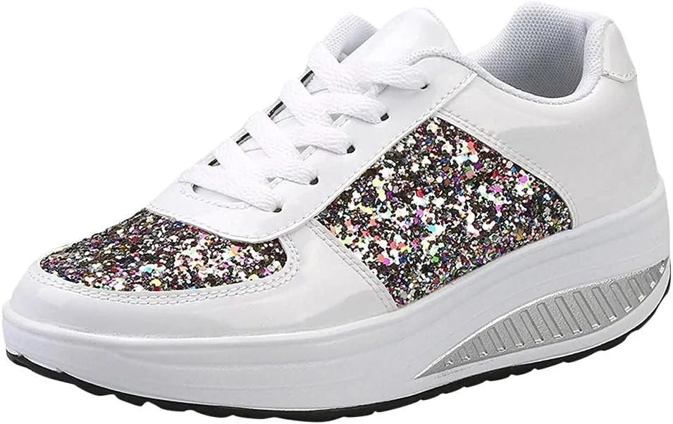 Hbeylia Platform Fashion Sneakers For Women Glitter Squin Leather Fashion Casual Chunky Bottom High Heels Low Top Canvas Shoes Casual Anti Skid Lace Up Leather Slip On Walking Loafers Work Shoes