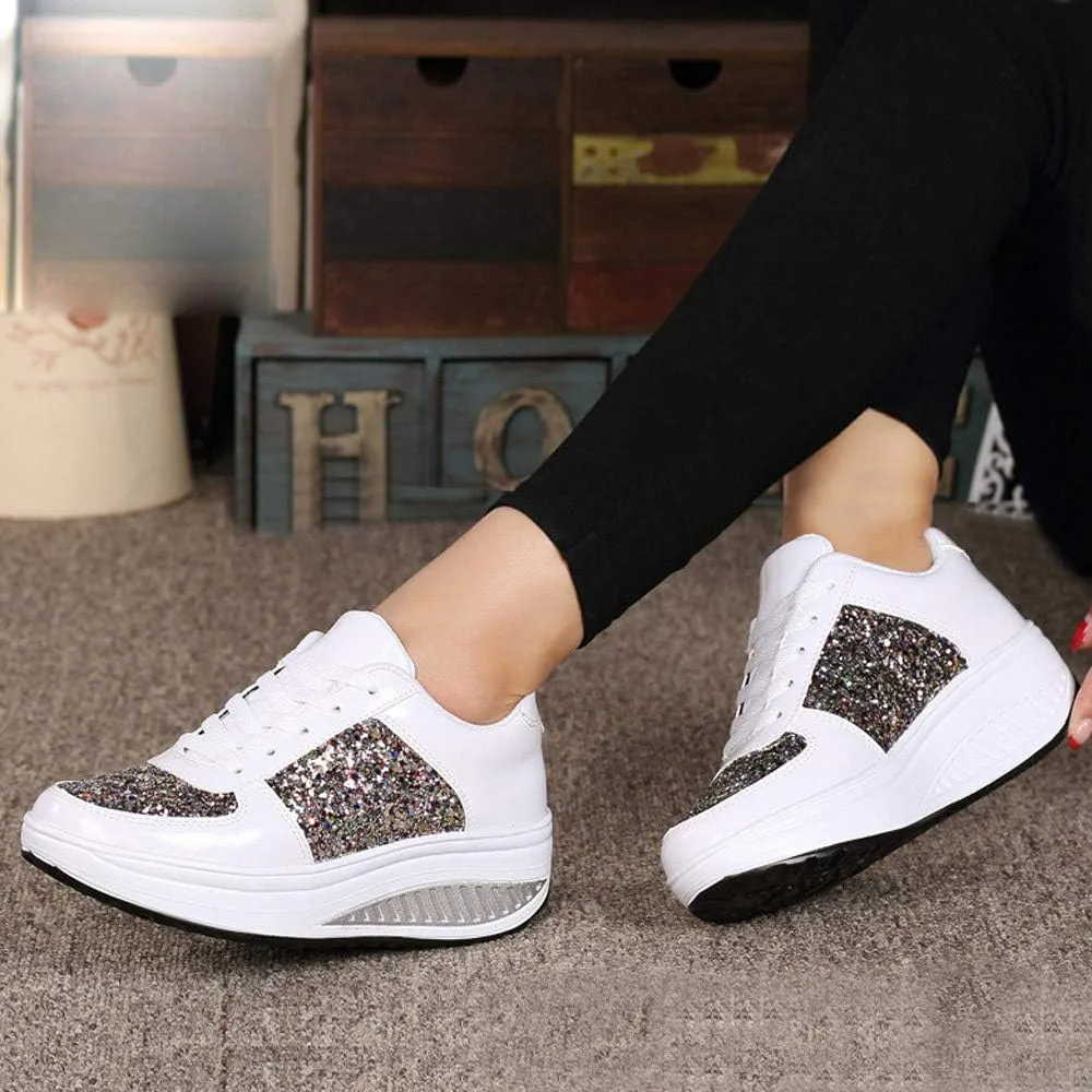 Hbeylia Platform Fashion Sneakers For Women Glitter Squin Leather Fashion Casual Chunky Bottom High Heels Low Top Canvas Shoes Casual Anti Skid Lace Up Leather Slip On Walking Loafers Work Shoes