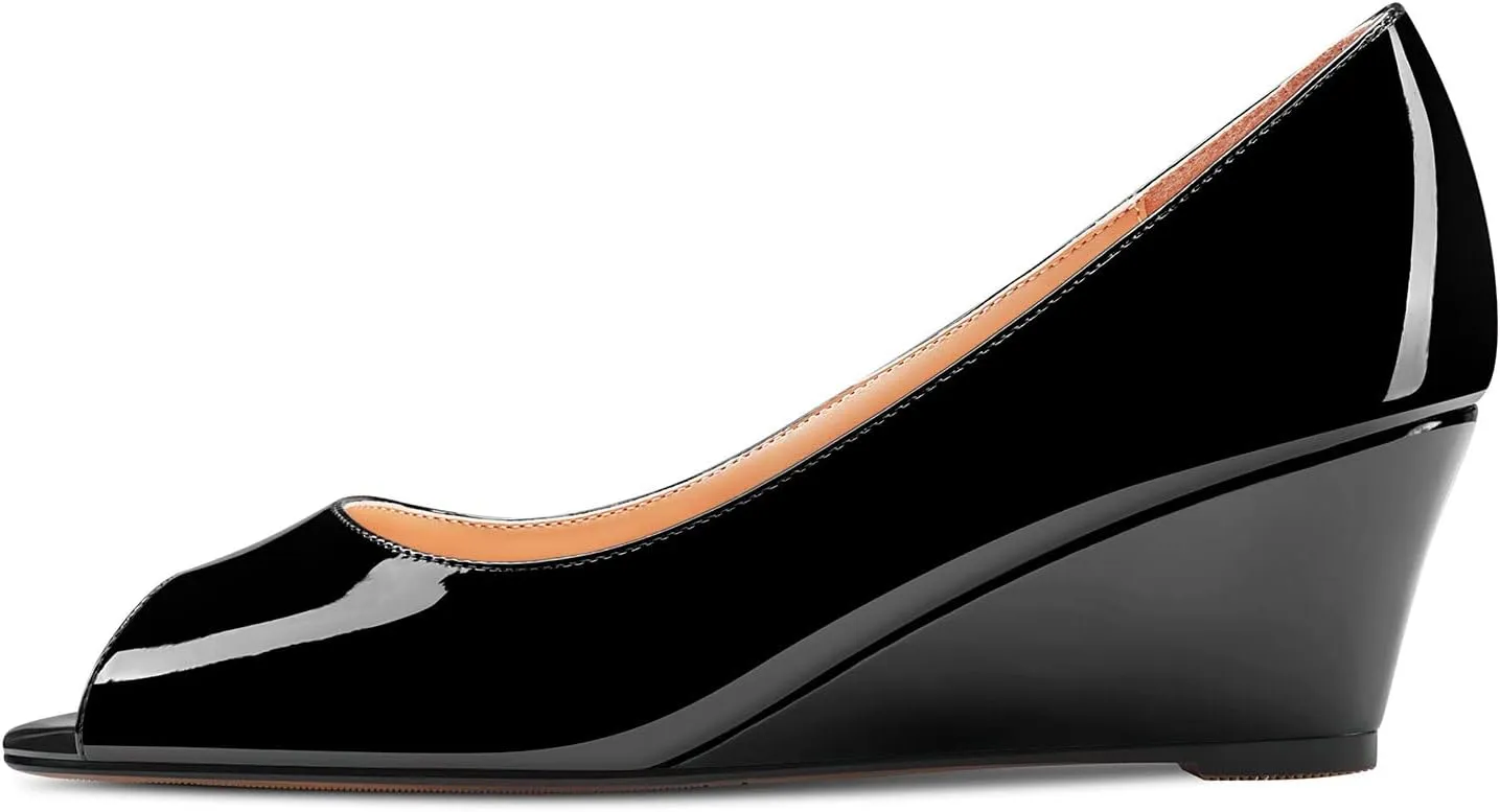 HDEUOLM Women Low Wedge Heel Peep Open Toe Slip-on Pumps Classic Cute Dress Sandals 2.0 Inches Heels