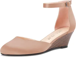 HDEUOLM Women Mid Heel Round Toe Sandals Ankle Strap Two-Piece Classic Cute Pumps Wedge Pumps 2.0 Inches Heels