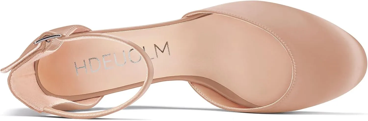 HDEUOLM Women Mid Heel Round Toe Sandals Ankle Strap Two-Piece Classic Cute Pumps Wedge Pumps 2.0 Inches Heels