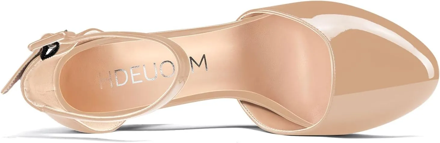 HDEUOLM Women Mid Heels Ankle Strap Round Toe Pumps Chunky Block Heel Sandals Basic Plus Size Shoes 3" Inch