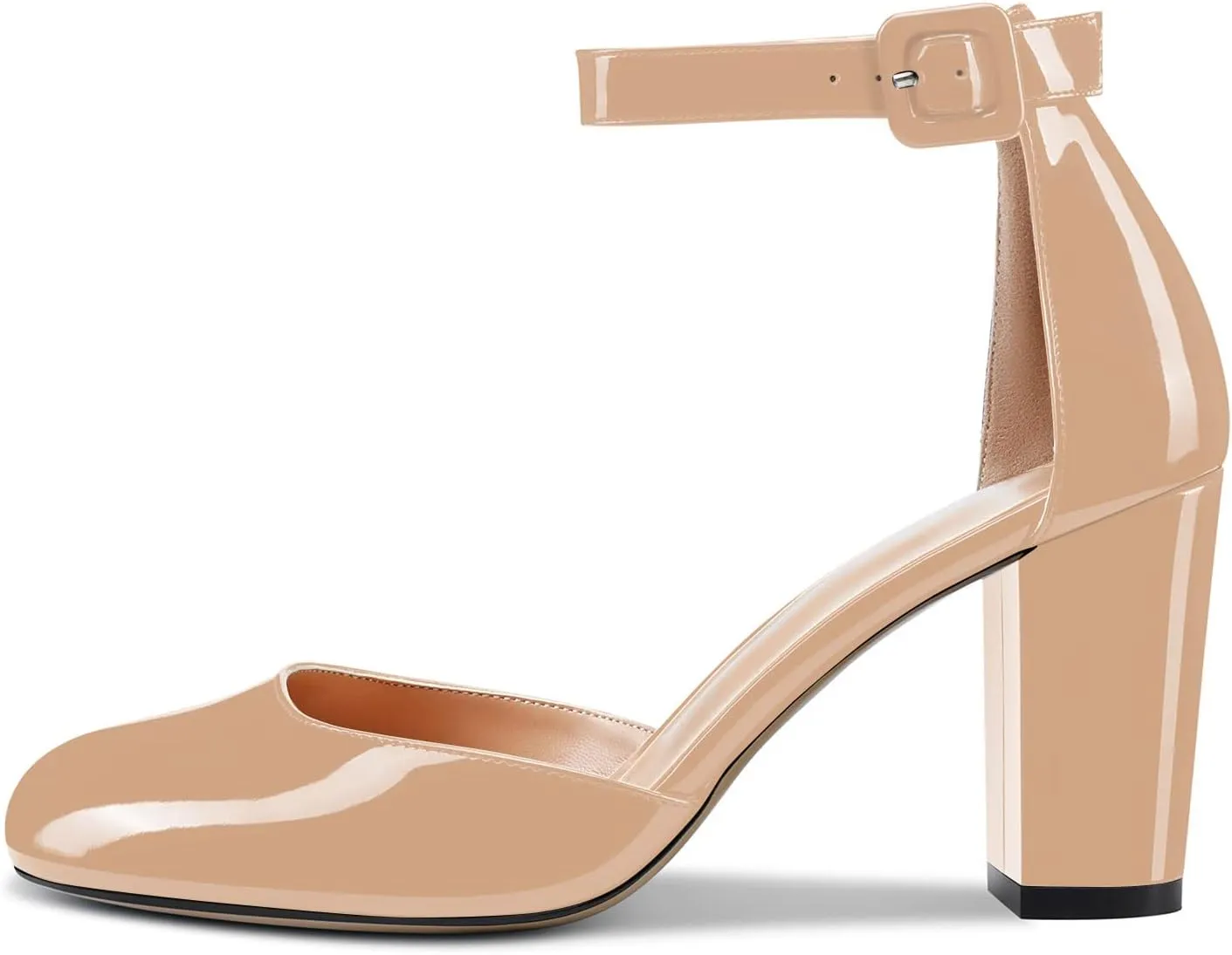 HDEUOLM Women Mid Heels Ankle Strap Round Toe Pumps Chunky Block Heel Sandals Basic Plus Size Shoes 3" Inch