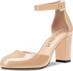 HDEUOLM Women Mid Heels Ankle Strap Round Toe Pumps Chunky Block Heel Sandals Basic Plus Size Shoes 3" Inch
