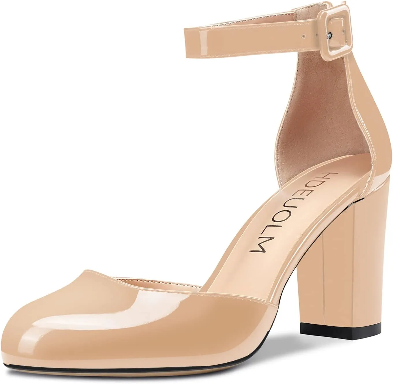 HDEUOLM Women Mid Heels Ankle Strap Round Toe Pumps Chunky Block Heel Sandals Basic Plus Size Shoes 3" Inch