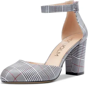 HDEUOLM Women Mid Heels Ankle Strap Round Toe Pumps Chunky Block Heel Sandals Basic Plus Size Shoes 3" Inch