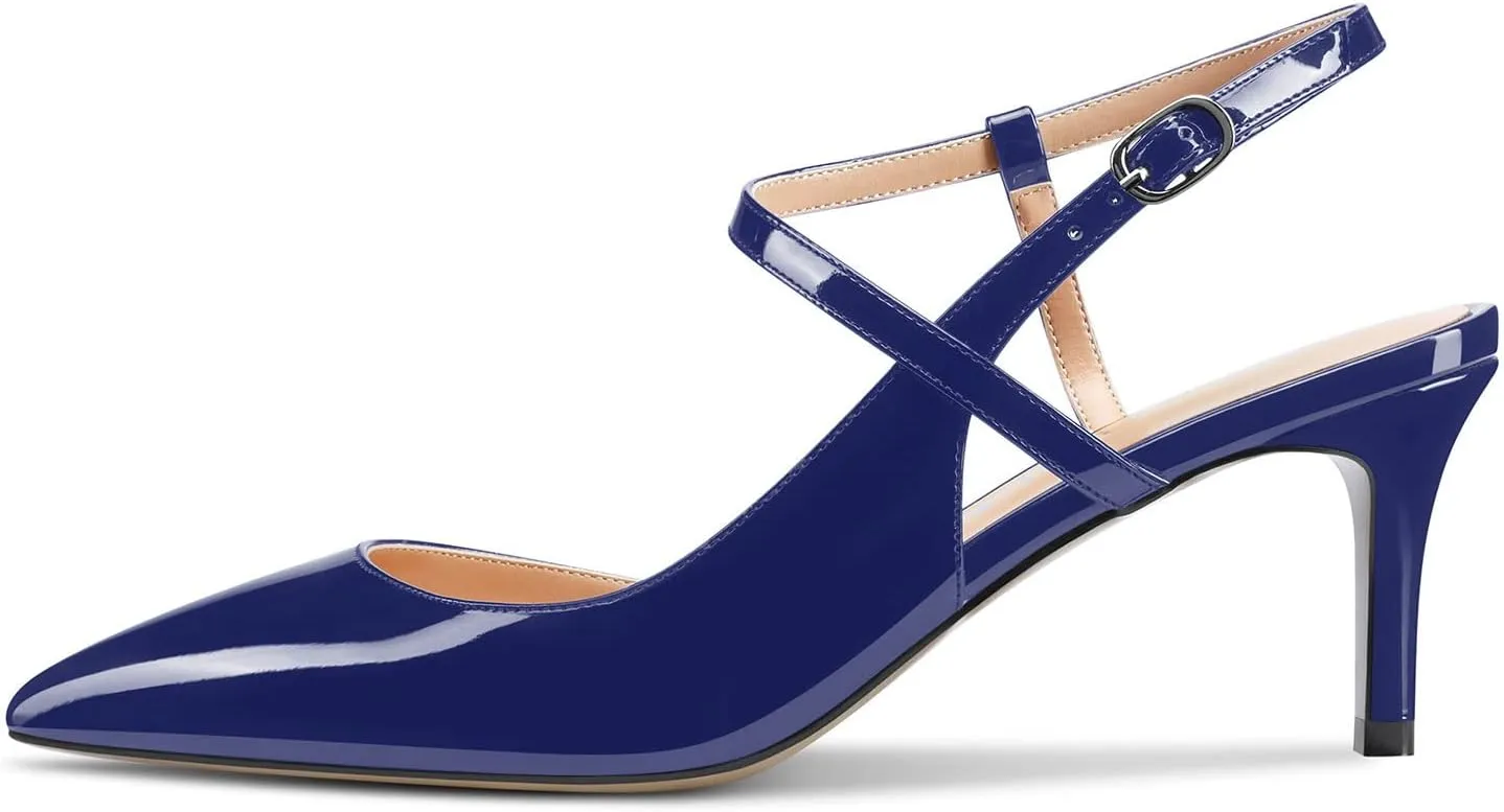 HDEUOLM Women Mid Heels Ankle Strap Slingback Pumps Kitten Heel Sandals Basic Closed Toe Plus Size Shoes